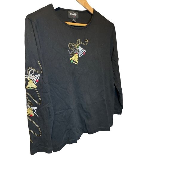 Designers Studio Black Holiday Bells Embroidered T Shirt Sz L - Picture 2 of 8